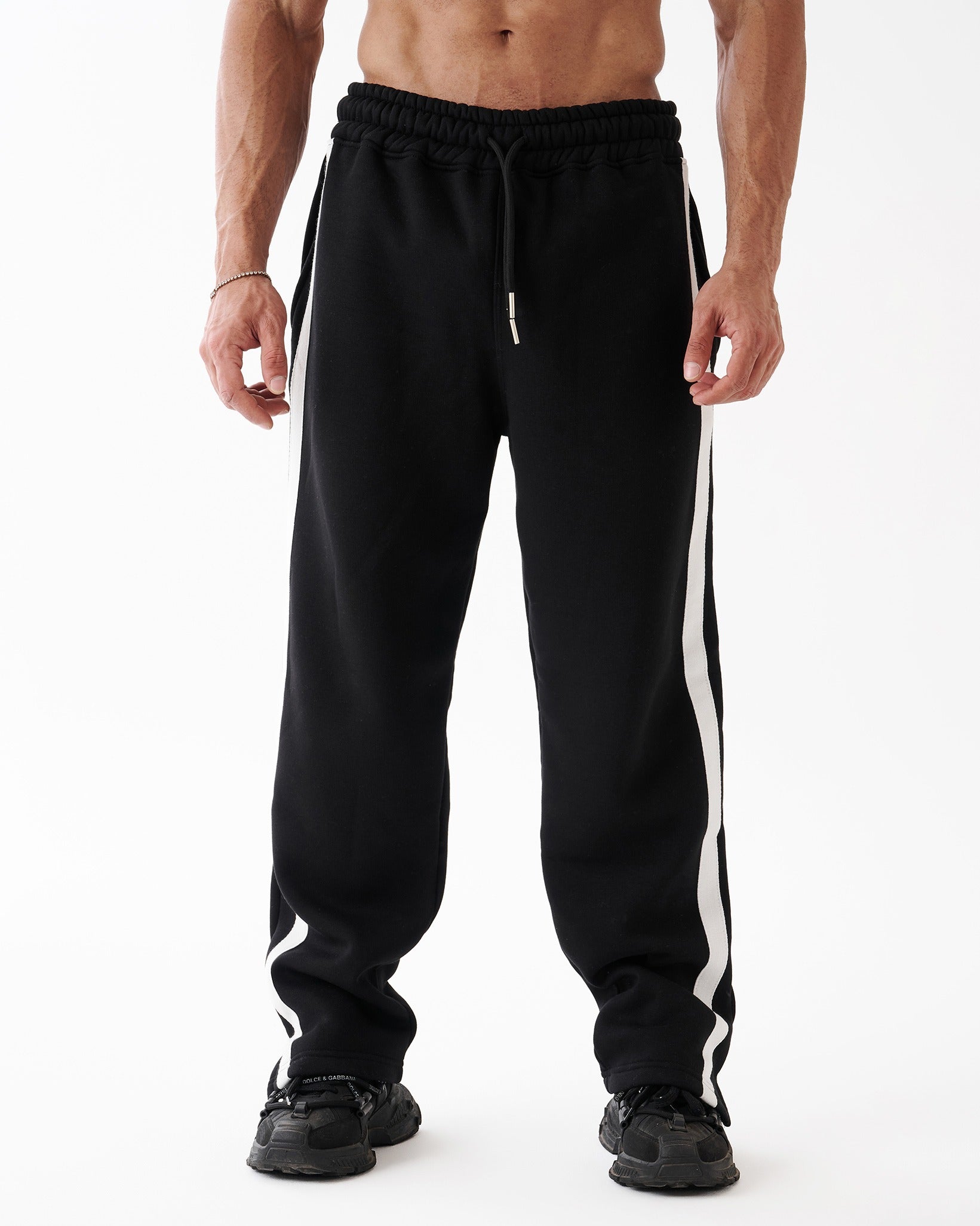 Black Four Stripe Straight Sweatpants