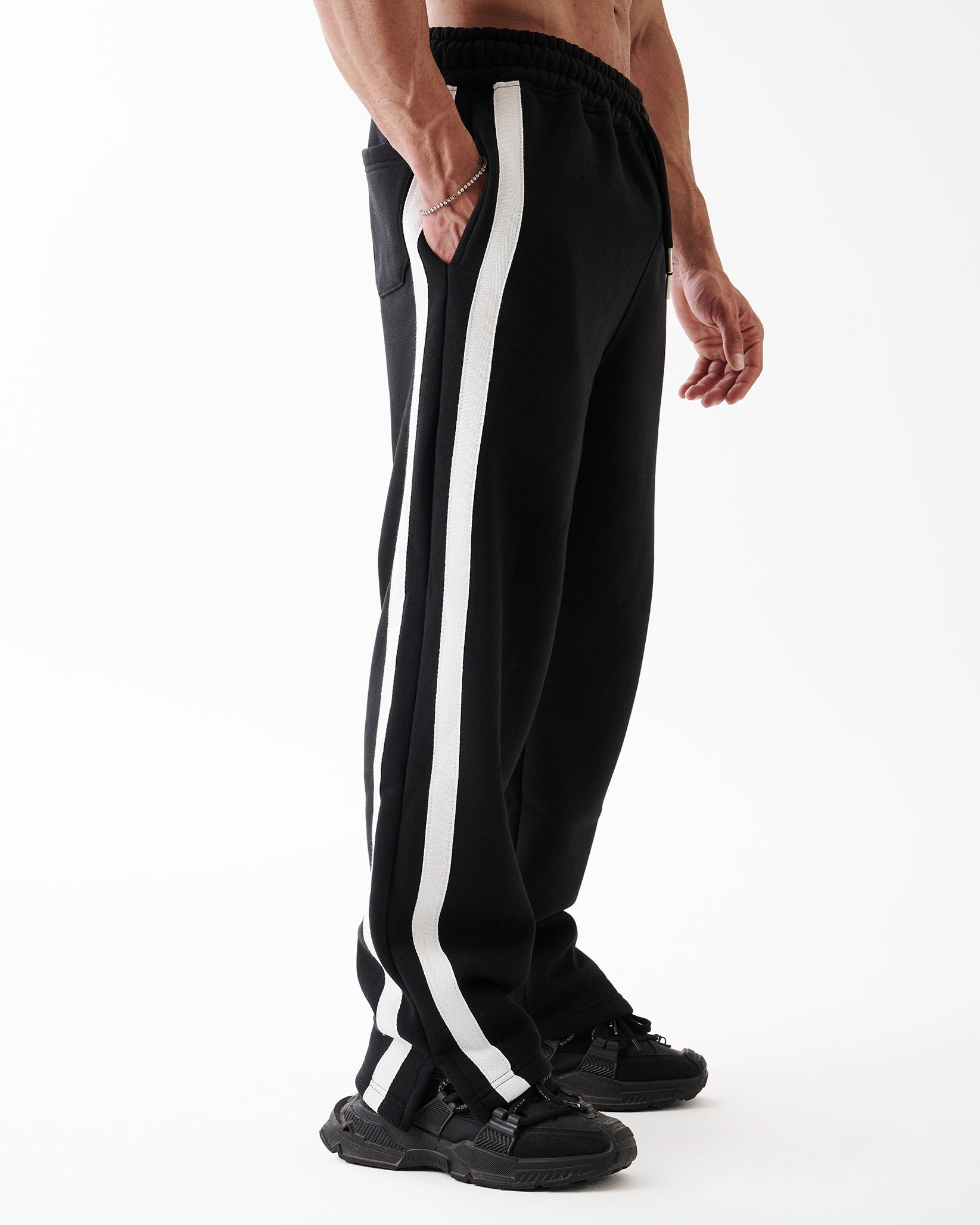 Black Four Stripe Straight Sweatpants
