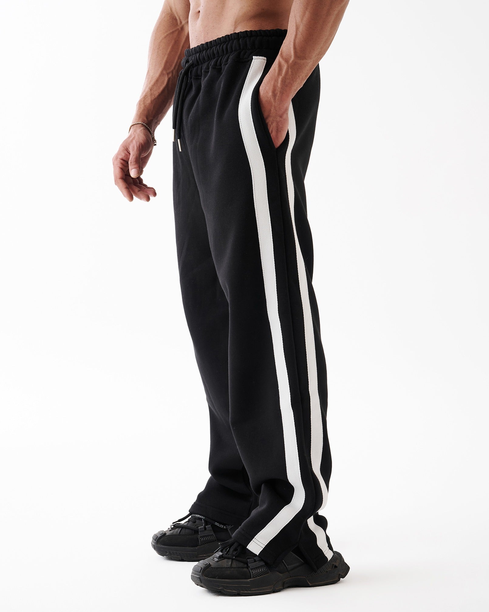 Black Four Stripe Straight Sweatpants