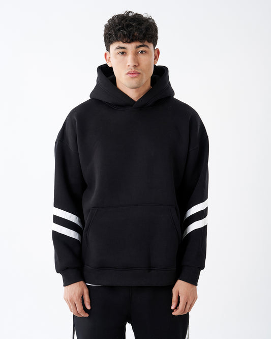 BLACK FOUR STRIPE HOODIE SWEATSHIRT