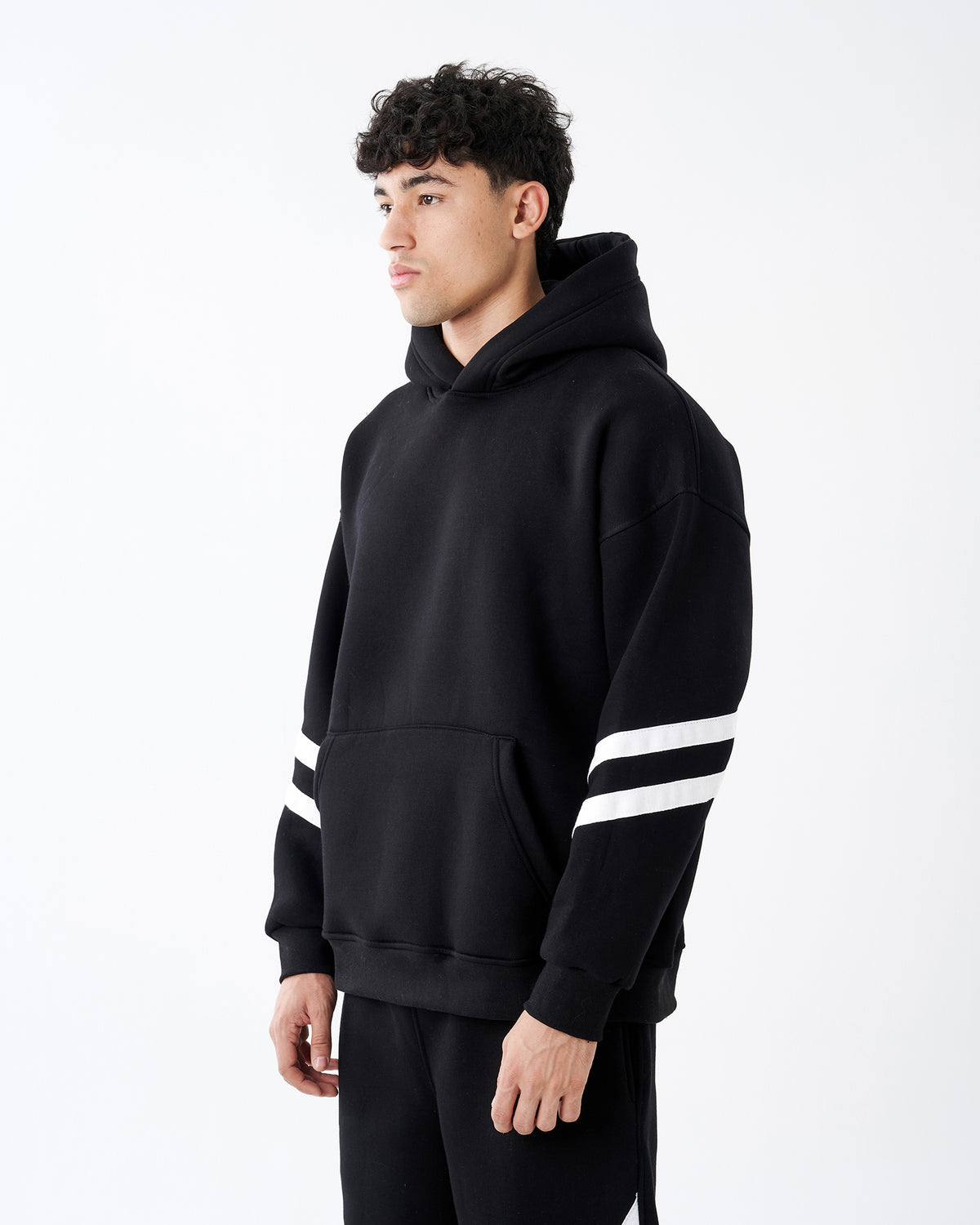 BLACK FOUR STRIPE HOODIE SWEATSHIRT