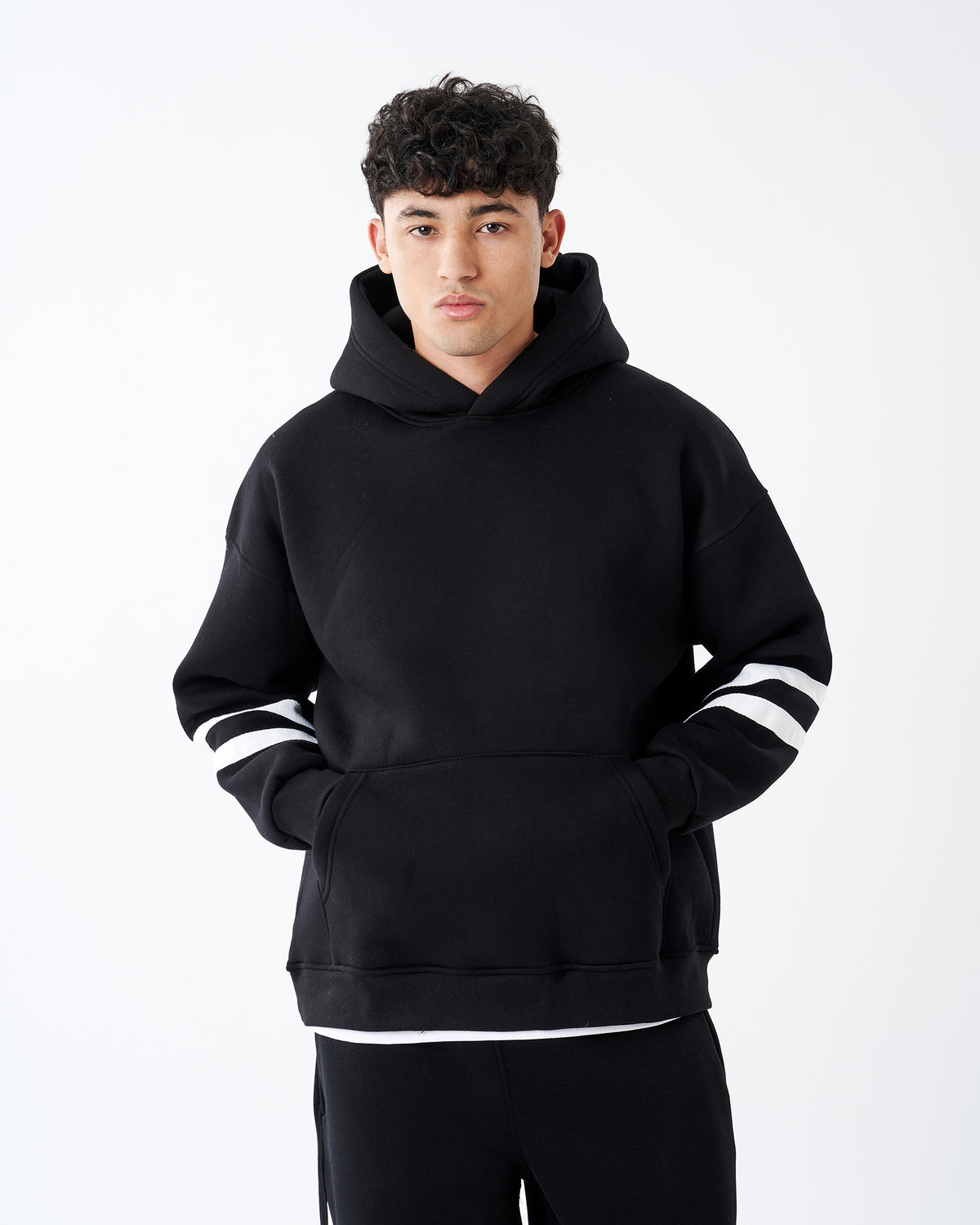 BLACK FOUR STRIPE HOODIE SWEATSHIRT