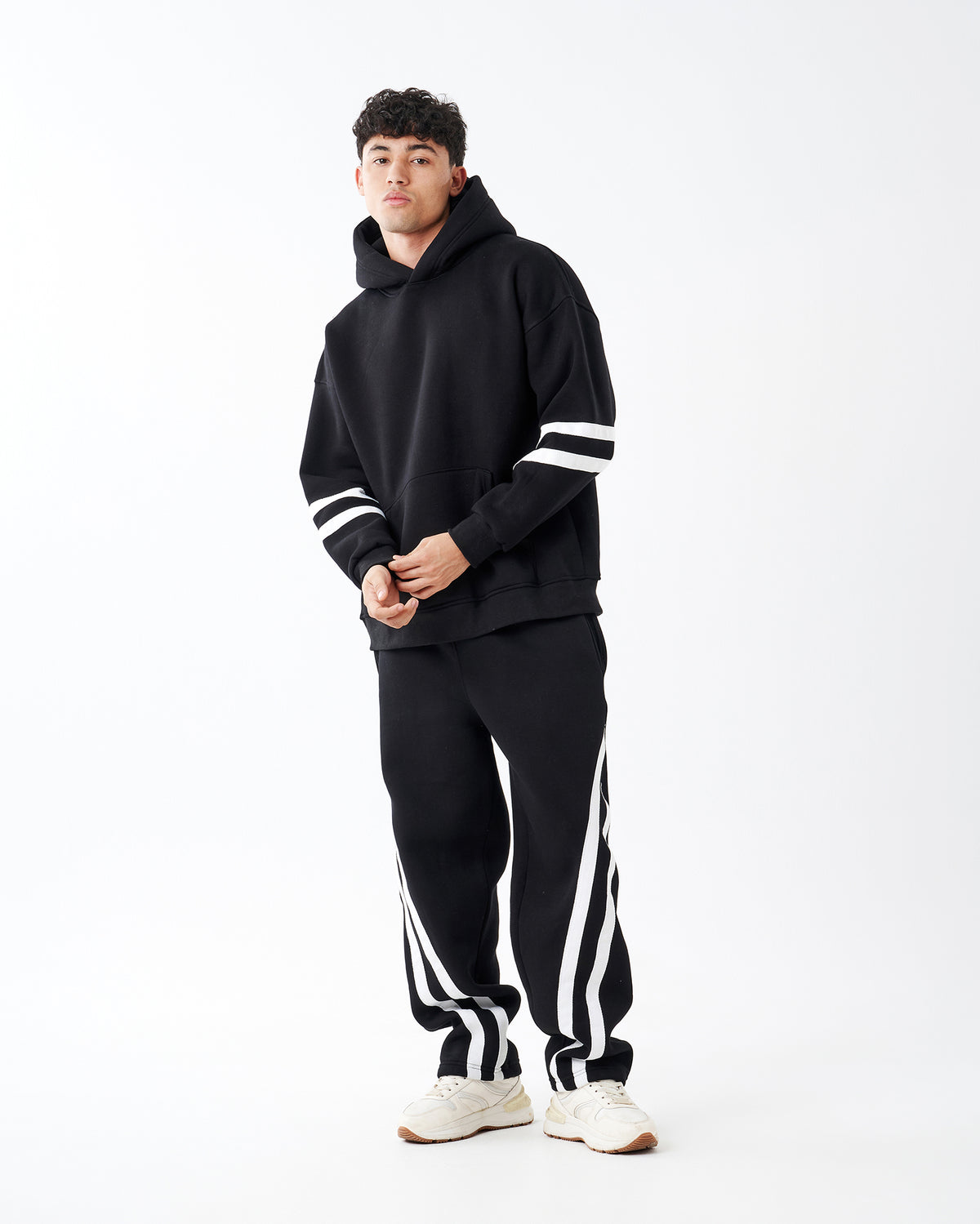 BLACK FOUR STRIPE HOODIE SWEATSHIRT