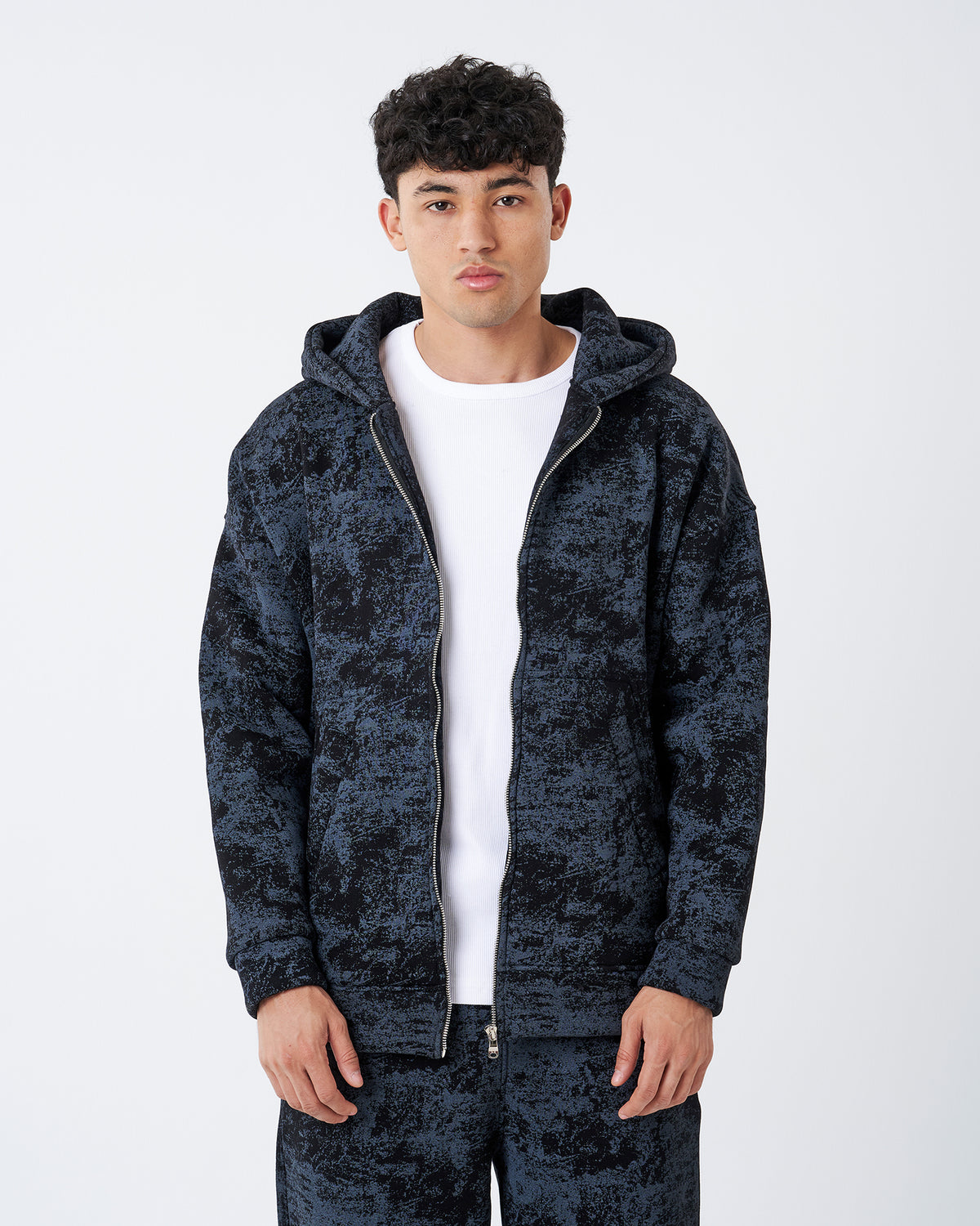 TIE-DYE BLACK FULL ZIPPER HOODIE SWEATSHIRT