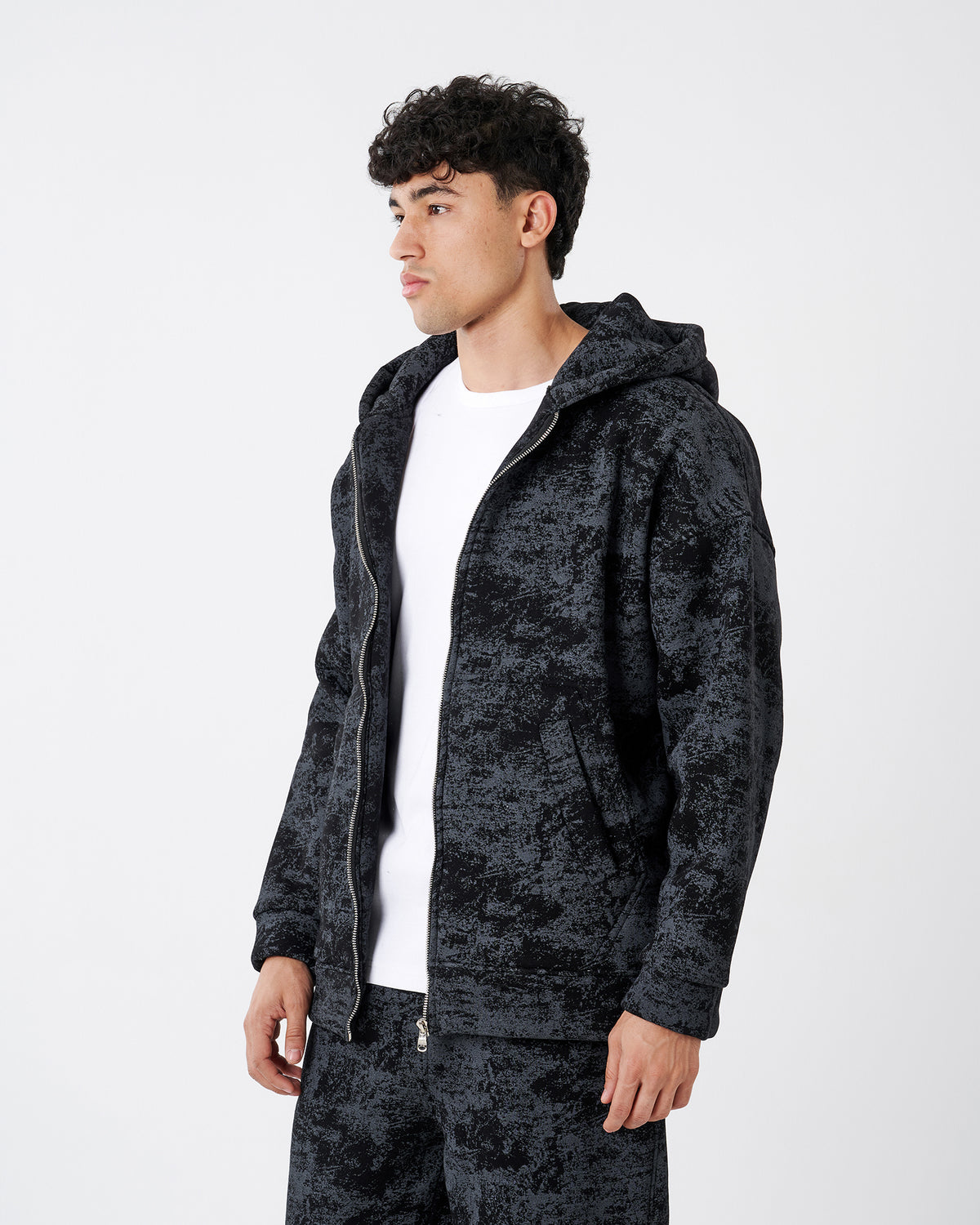 TIE-DYE BLACK FULL ZIPPER HOODIE SWEATSHIRT