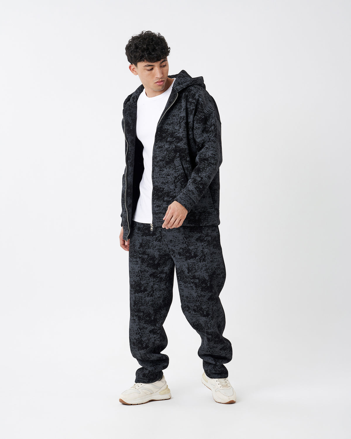 TIE-DYE BLACK FULL ZIPPER HOODIE SWEATSHIRT