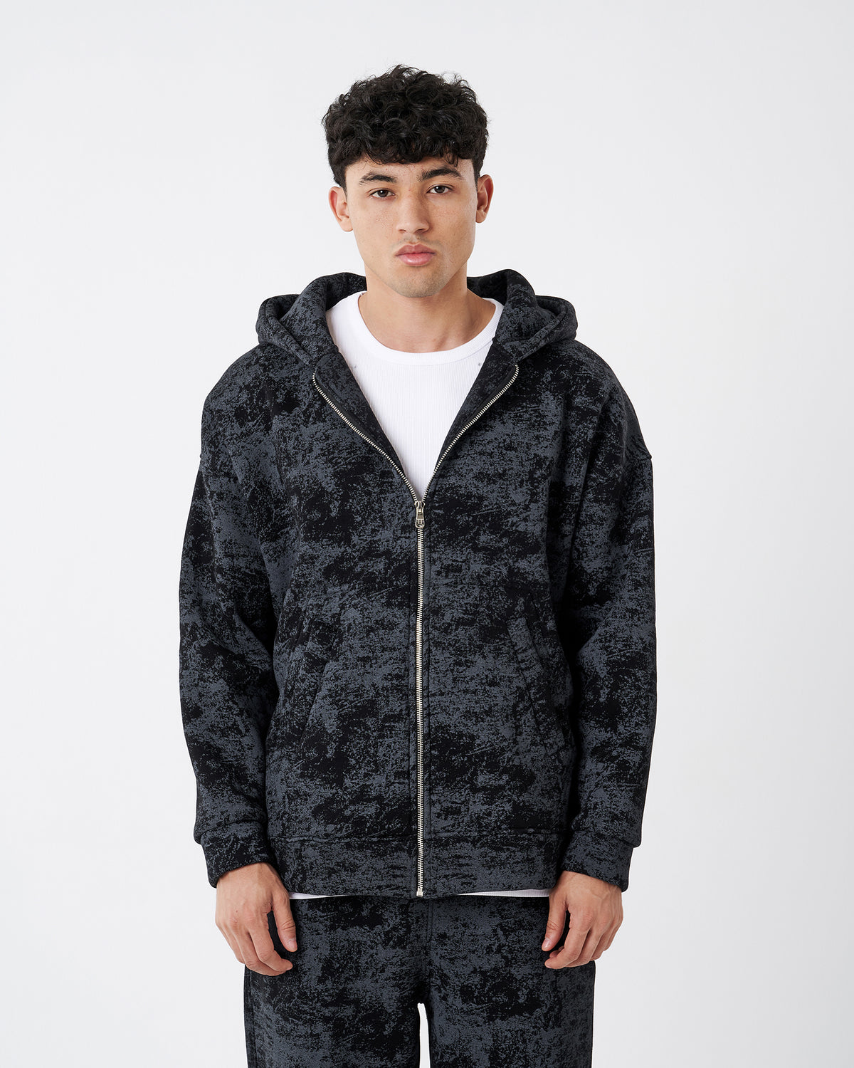 TIE-DYE BLACK FULL ZIPPER HOODIE SWEATSHIRT